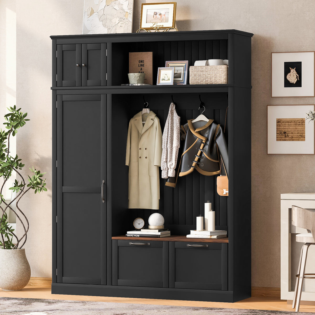 variant-group:rf-n724sj000160aab|Roomfitters 3-in-1 Entryway Hall Tree with Overhead Storage Cabinet, 2 Drawers, Black