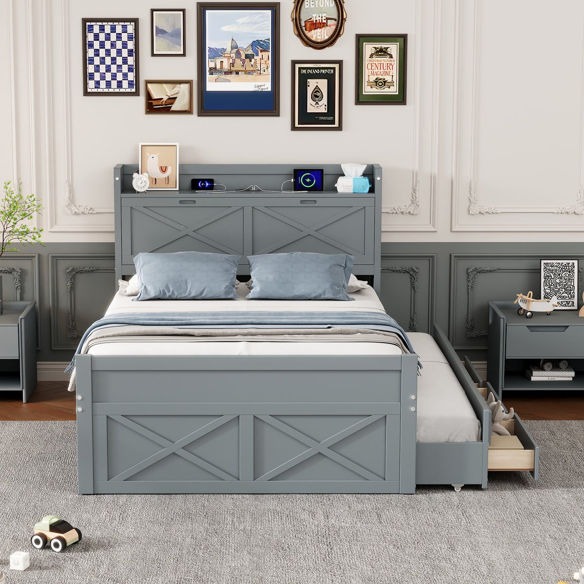 variant-group:rf-n733s172712e|Roomfitters Full Size Wooden Bed with Storage Headboard, Built-In Outlets, Extendable Design with Twin Trundle and Practical Storage, Gray