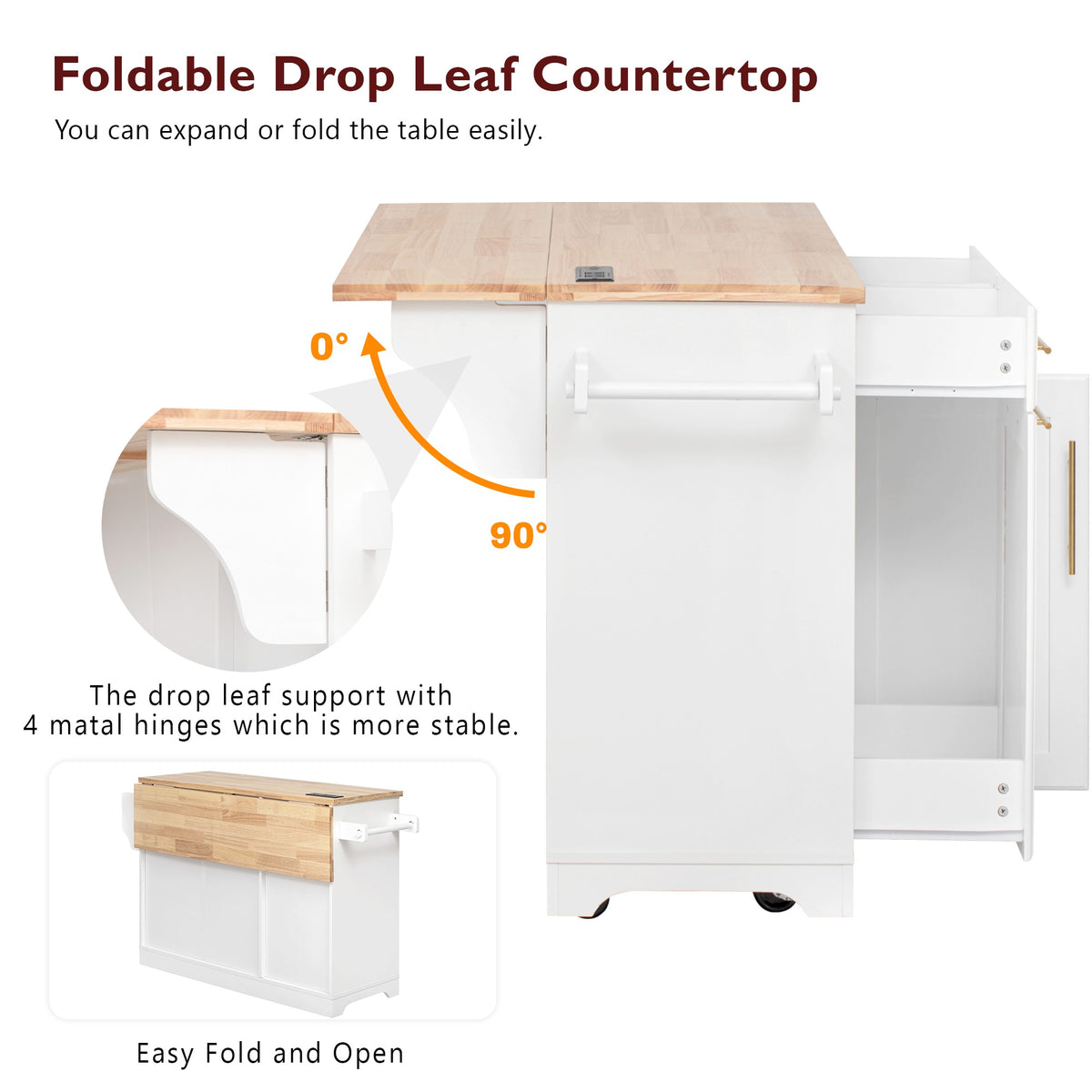 variant-group:rf-n707s299014w|Roomfitters 59.3" Kitchen Island with Power Outlet, Drop Leaf and Double Trash Can Pull Out, Rolling Cart, White
