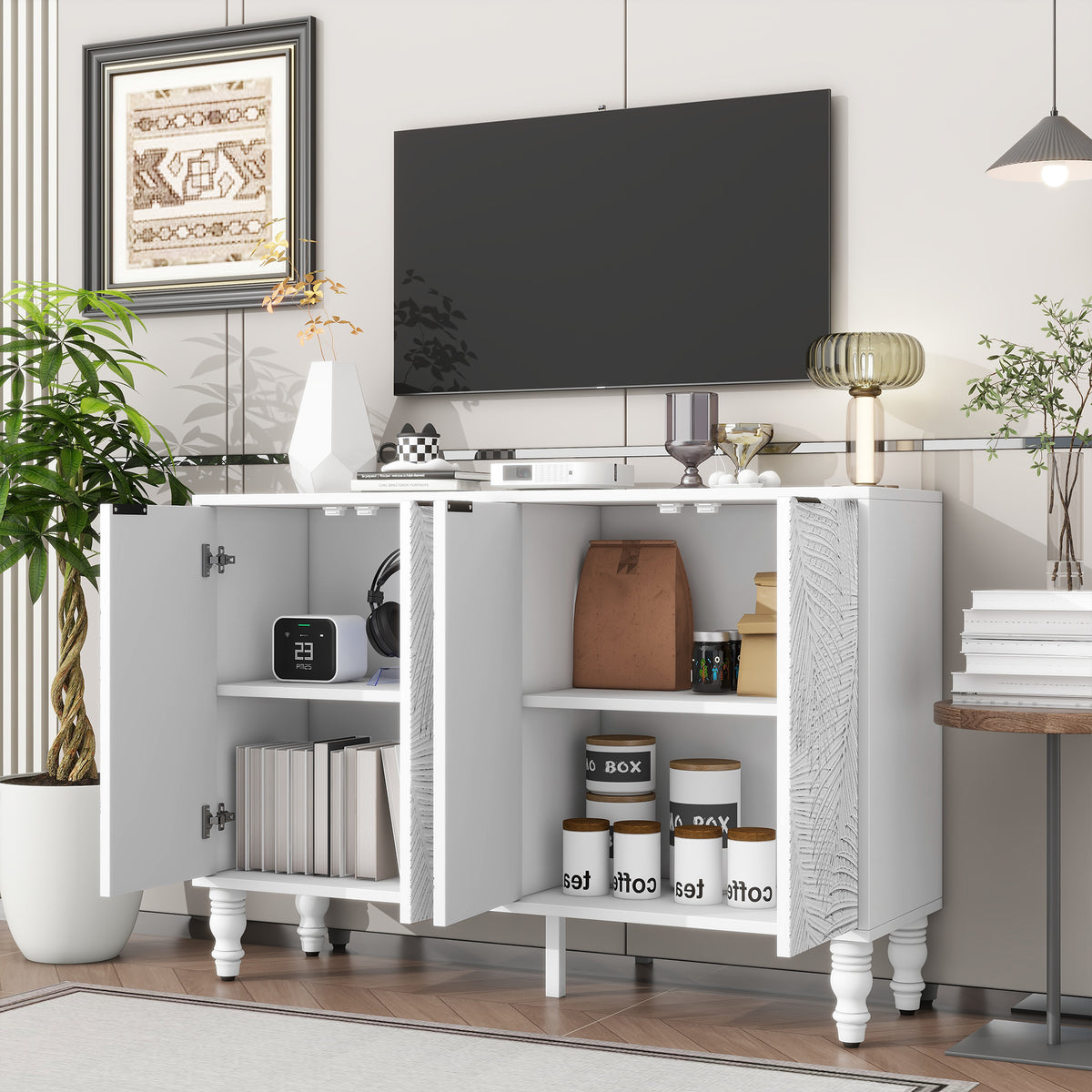 variant-group:rf-n724p233372k|Roomfitters Modern TV Stand for up to 43 Inch TV, Entertainment Console with Storage Compartments and Wood Legs, White