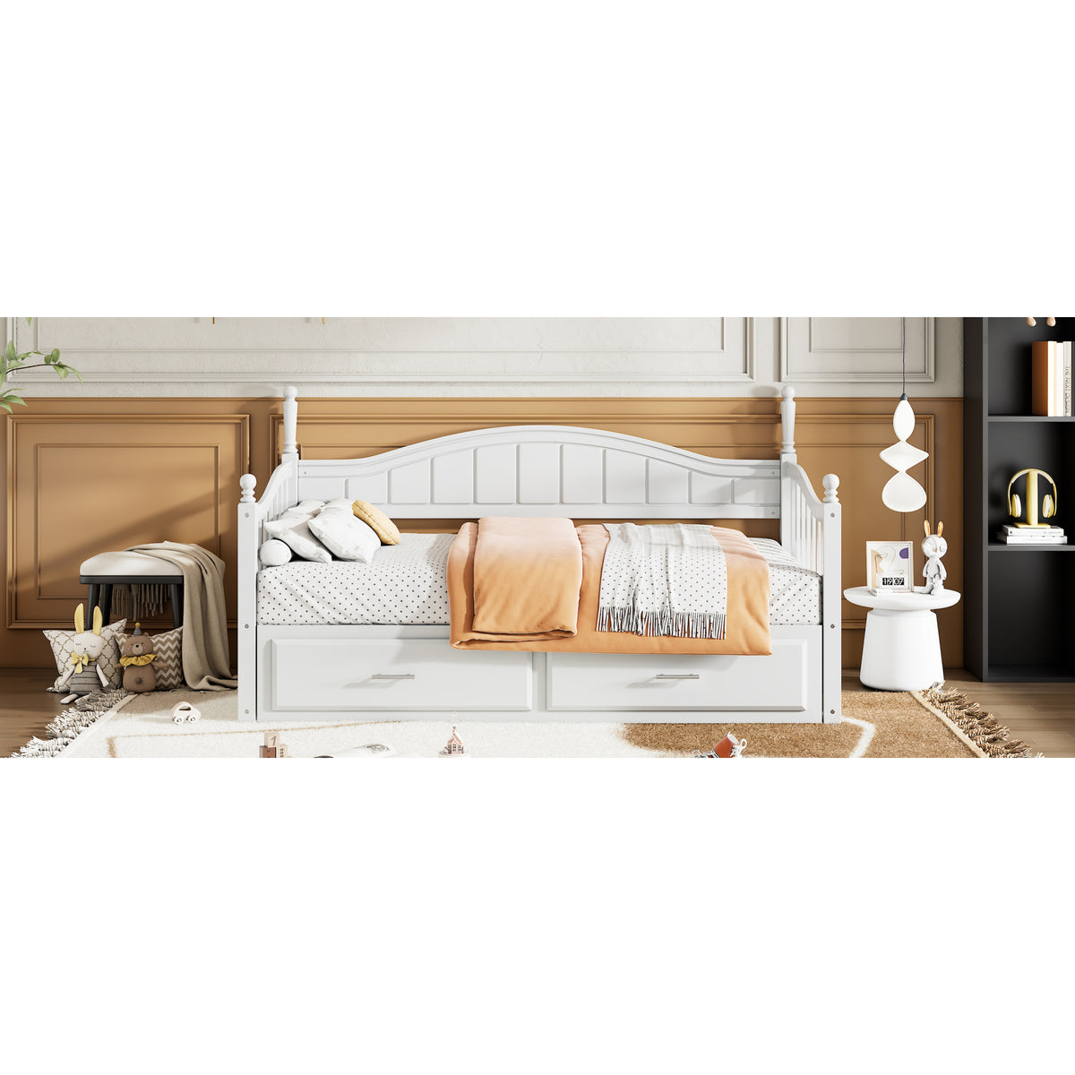 variant-group:rf-n733s173459k|Roomfitters Wooden Twin Size Daybed with Extendable Frame, Twin Trundle and Additional Storage Drawers, White