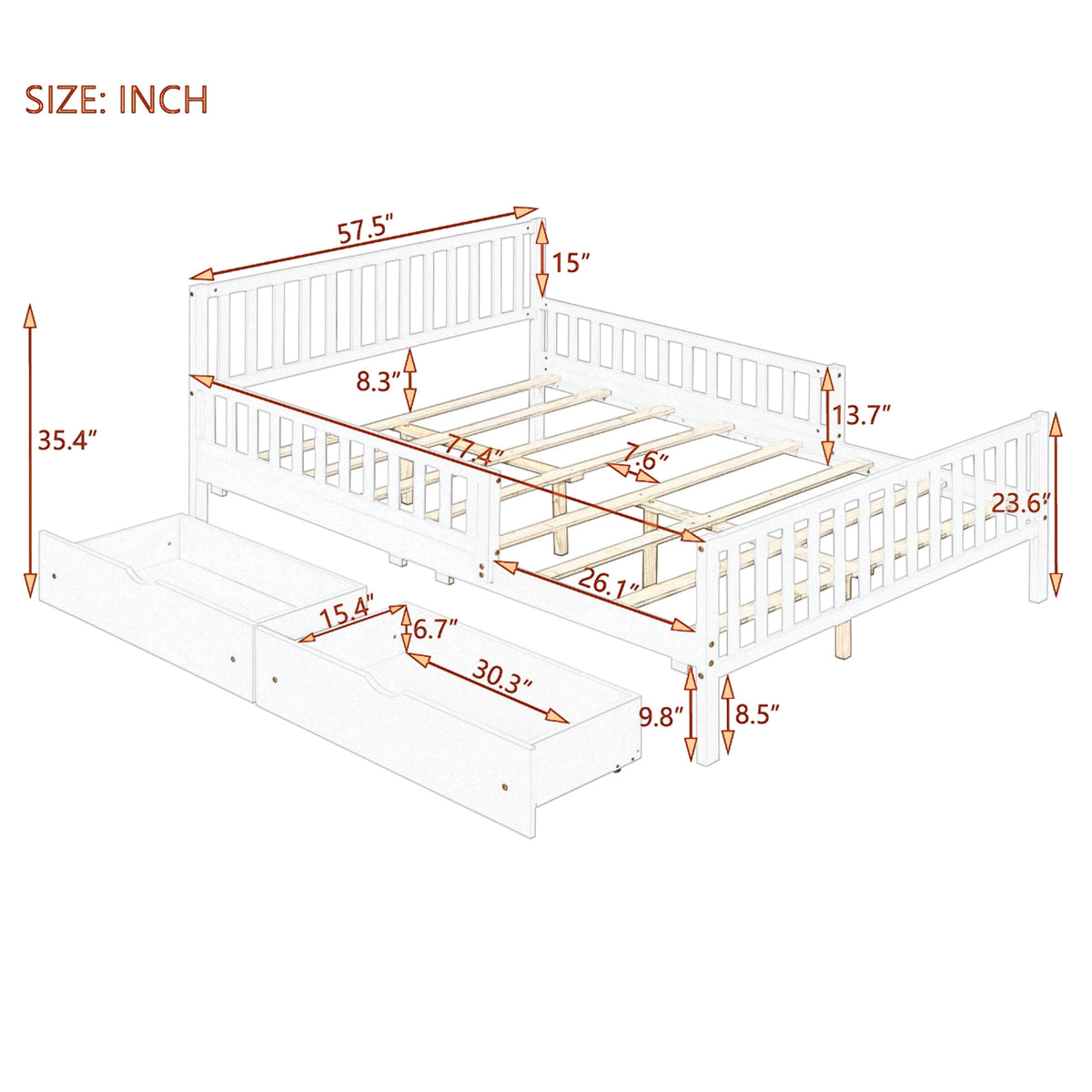 variant-group:rf-n733p172700d|Roomfitters Full Size Wood Platform Bed with Guardrails and 2 Storage Drawers, Walnut