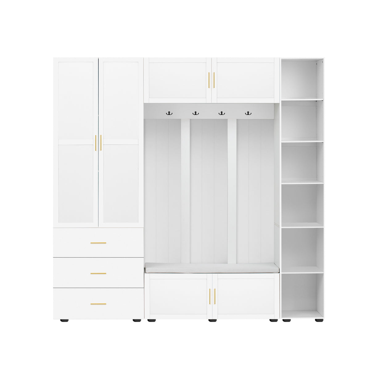 variant-group:rf-n724sj000167aak|Roomfitters American Style Extra-Wide Hall Tree with Padded Cushion Seat, Ancient White