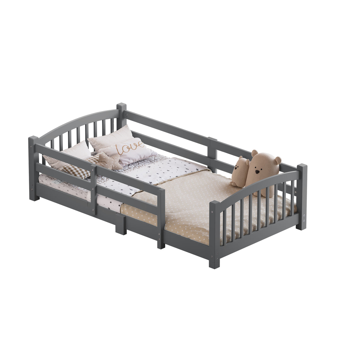 variant-group:rf-n733p400298e|Roomfitters Twin Montessori Floor Bed with Guardrails, Solid Wood Low Platform Bed with Slats, Easy Assembly, Gray