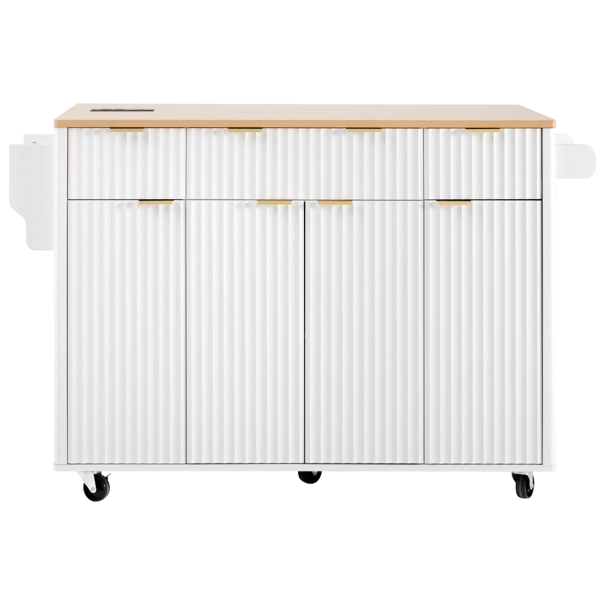 Roomfitters 55.5" Kitchen Island with Power Outlet and Drop Leaf, Rolling Storage Cabinet with Fluted Door Design, White