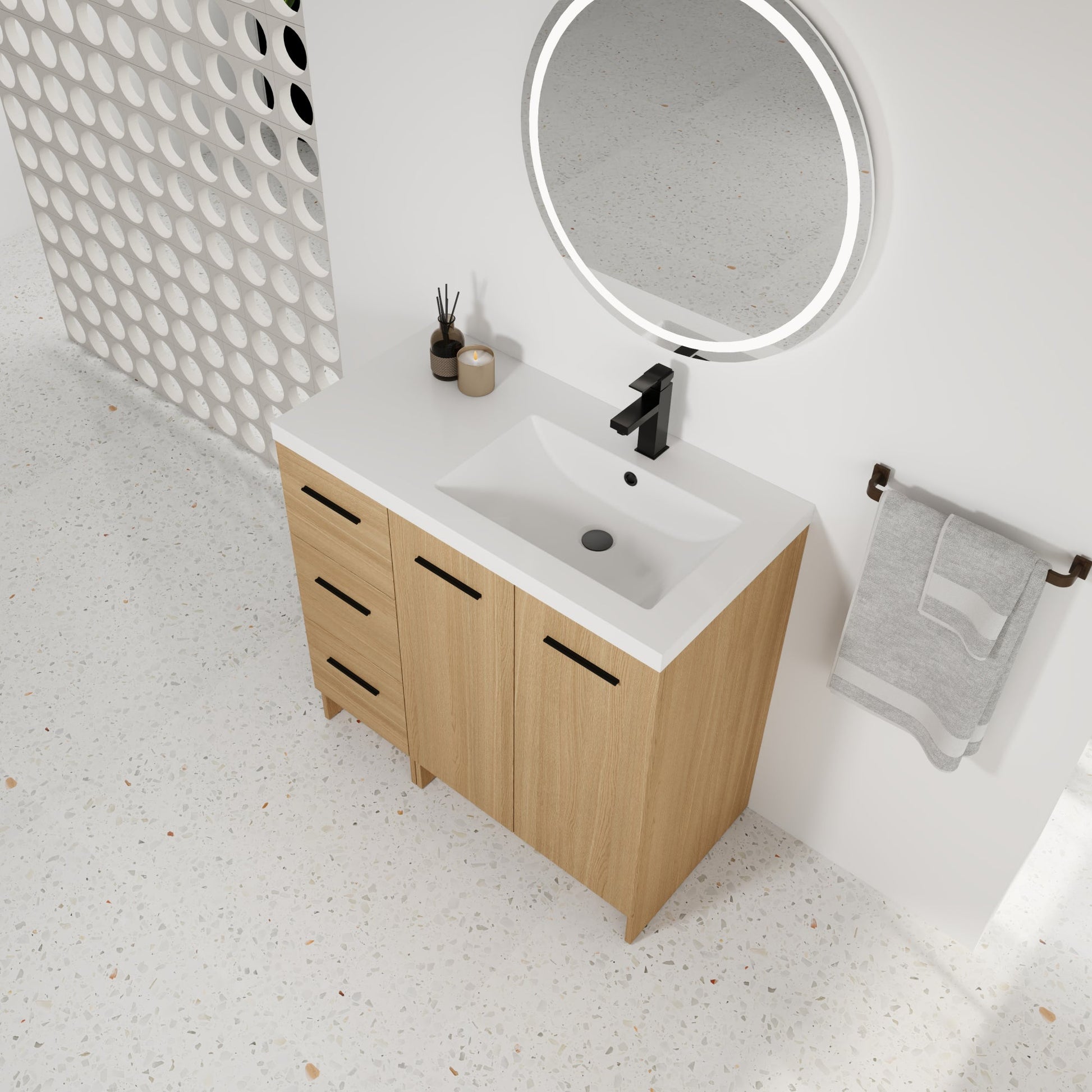 36" Modular Freestanding Bathroom Vanity with 36" Resin Sink Top, Light Oak, 2-Piece Cabinet (24" 2-Door + 12" 3-Drawer), KD Cabinet, Includes Black & Brushed Aluminum Handles Roomfitters