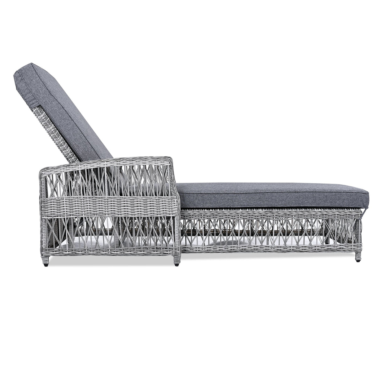 Roomfitters Outdoor Reclining Chaise, Wicker Lounge Chair with Armrests & Soft Cushions, Adjustable Poolside Recliner, Gray Roomfitters