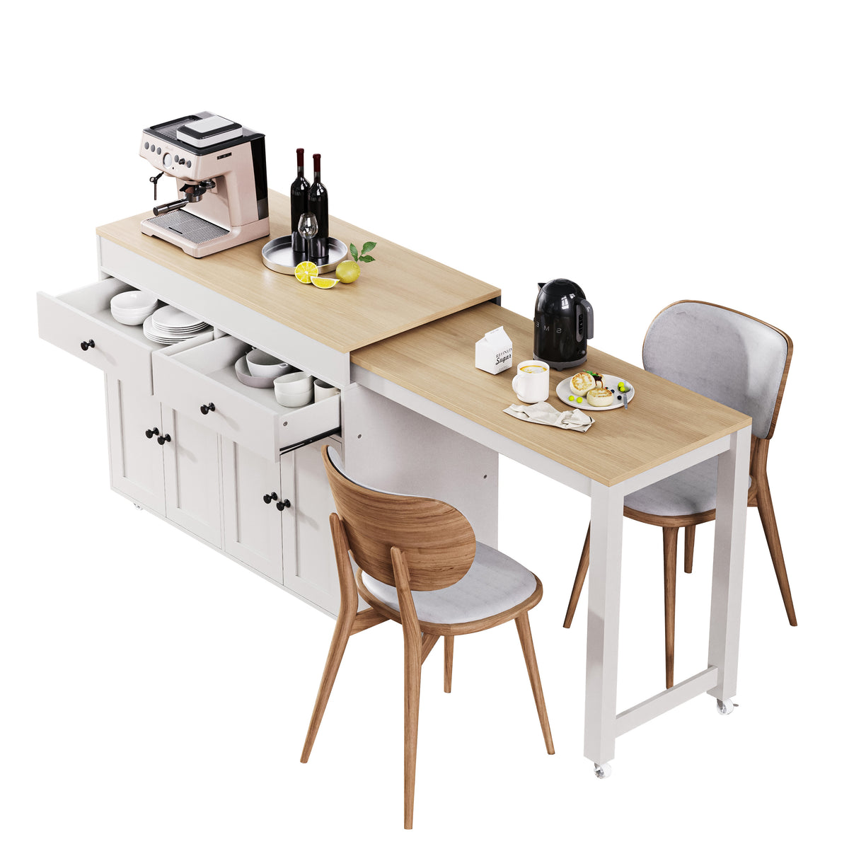 variant-group:rf-n707p333291w|Roomfitters 74.8" Rolling Kitchen Island with Extendable Dining Table, Mobile Cart with 4 Doors, 2 Drawers & Spice Rack, White