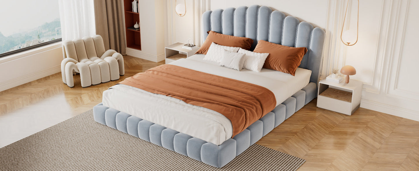 Roomfitters Queen Size Shell-Shaped Velvet Upholstered Platform Bed, Channel Tufted Headboard, No Box Spring Needed, Light Blue Roomfitters
