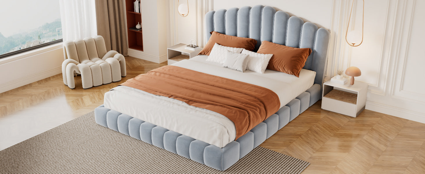 Roomfitters Queen Size Shell-Shaped Velvet Upholstered Platform Bed, Channel Tufted Headboard, No Box Spring Needed, Light Blue Roomfitters