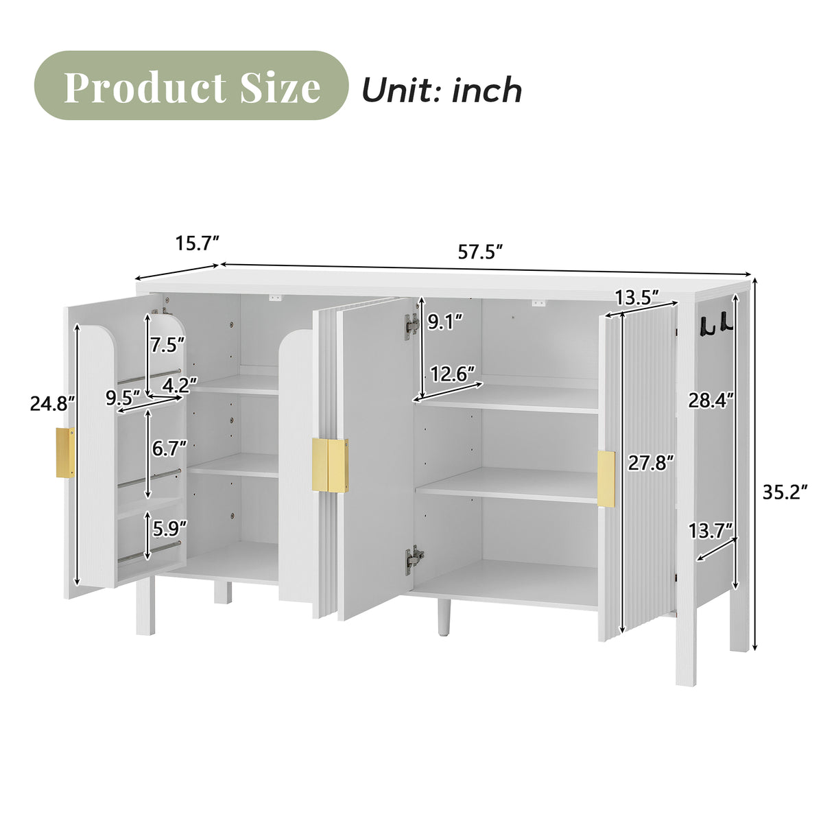 variant-group:rf-n711p345170k|Roomfitters 57.5" Sideboard Buffet Cabinet with 3 Door Mid-century Modern Fluted Storage for Kitchen & Dining Room, White