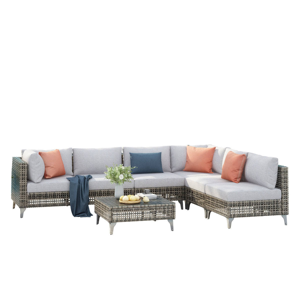 variant-group:rf-n707s000011g|Roomfitters 7-Piece Wicker Patio Furniture Set, Outdoor Sectional Sofa with Water-Resistant Cushions, Table, Grey