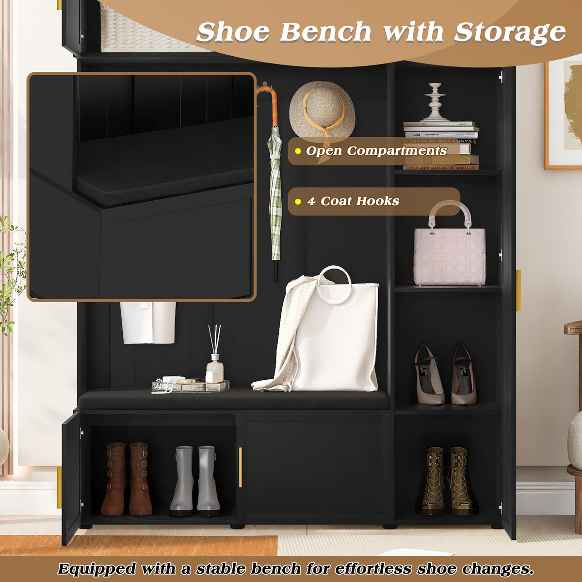 variant-group:rf-n724sj000166aab|Roomfitters American Style 4-in-1 Hall Tree, Upholstered Entryway Bench, Antique Black