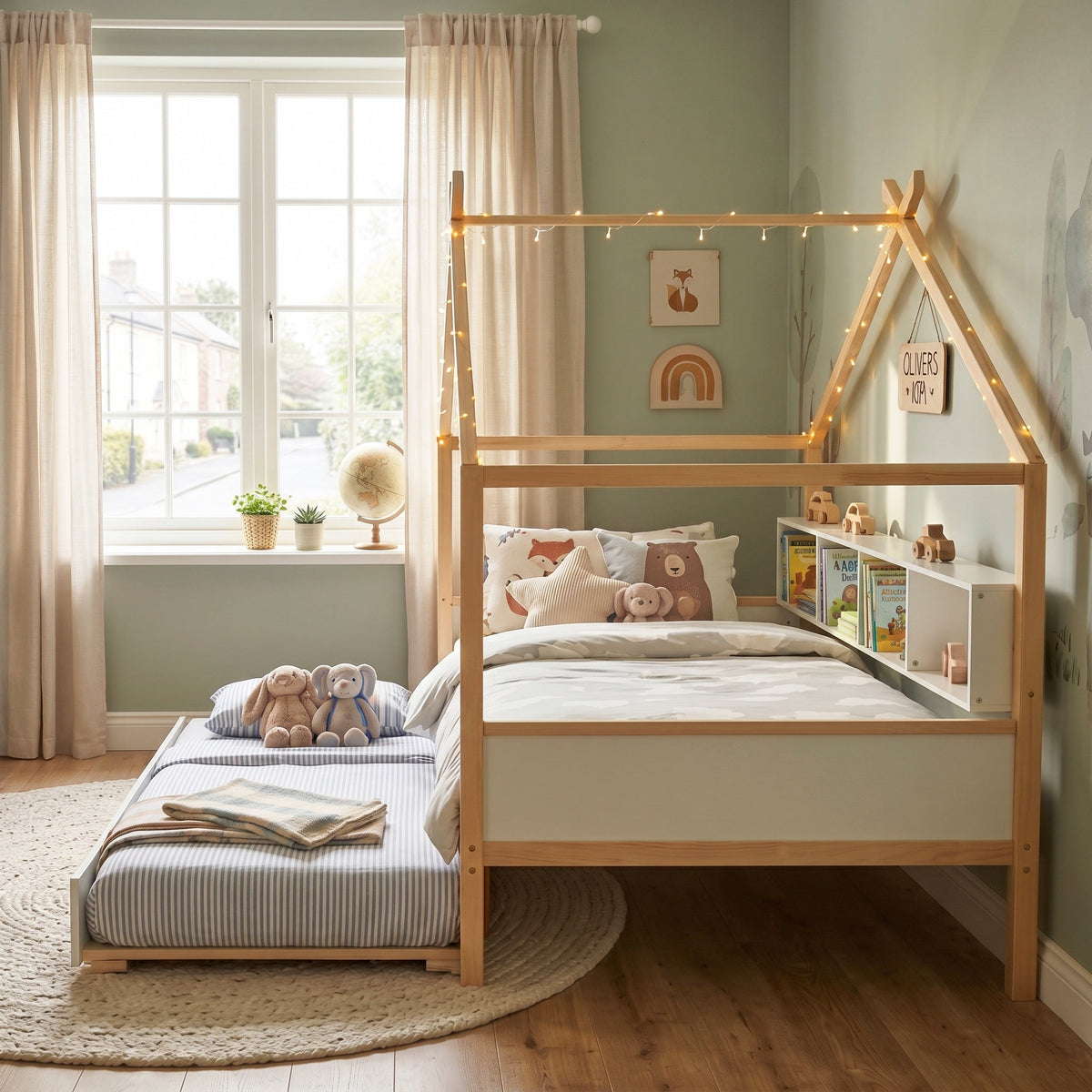 Roomfitters Twin Size Wooden House Bed Frame with Twin Trundle, Bookshelf Storage Furniture, No Box Spring, White Natural Roomfitters