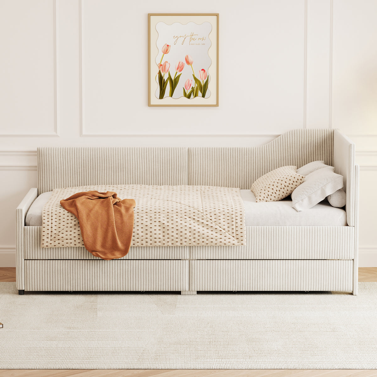variant-group:rf-n733p171470a|Roomfitters Twin Size L-Shaped Corduroy Daybed, Upholstered Platform Bed Frame with 2 Convenient Storage Drawers for a Modern Touch, Beige