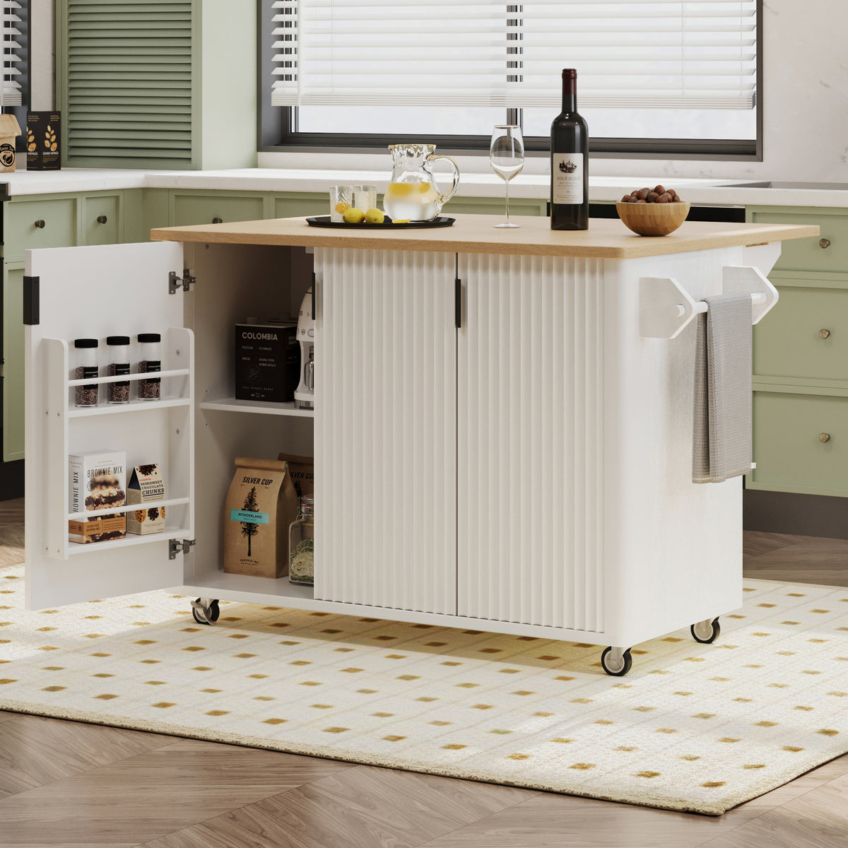 variant-group:rf-n707p221446w|Roomfitters 51" Fluted Kitchen Island with Drop Leaf, Rolling Cart with Storage Rack, Farmhouse Style, Towel Rack, White