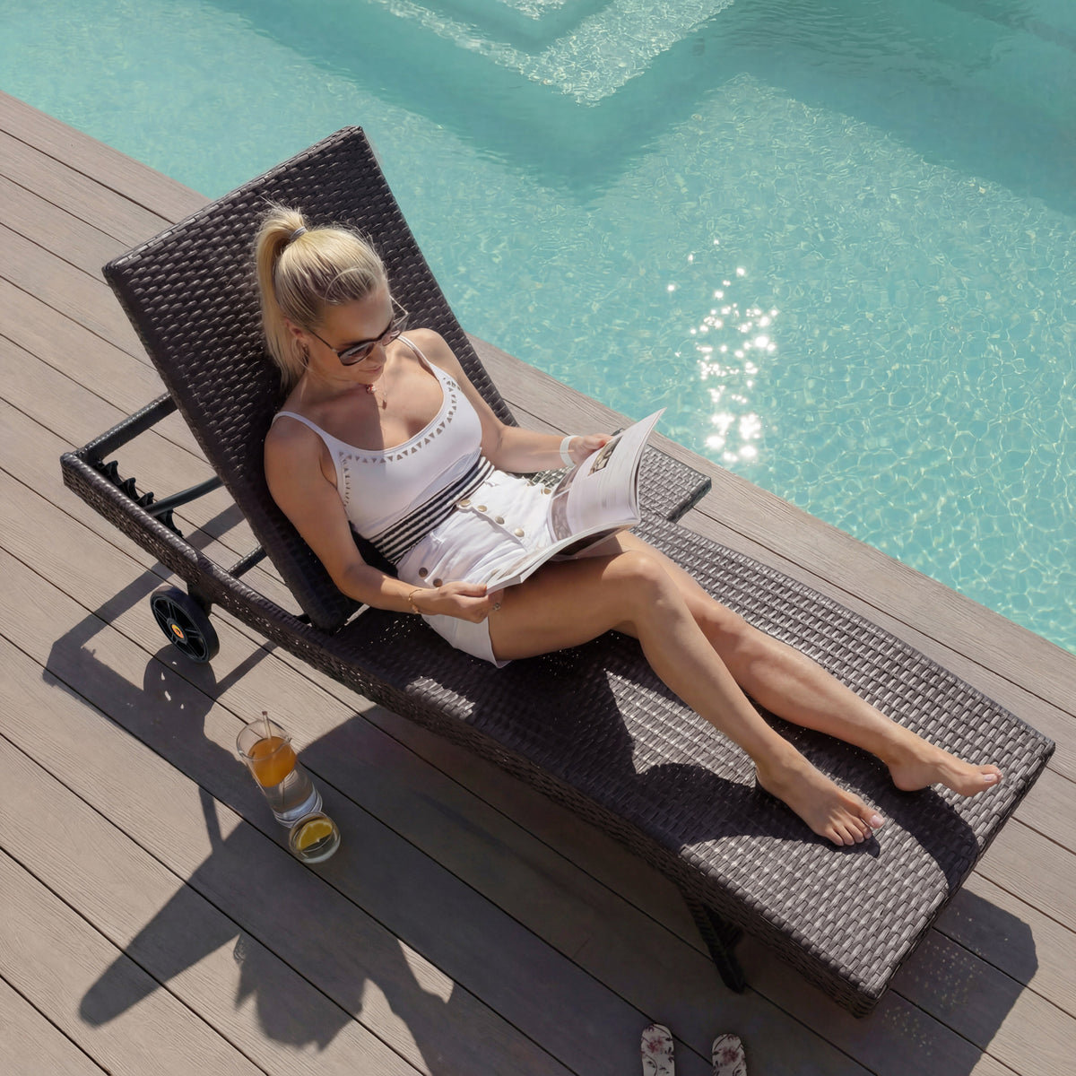 variant-group:rf-n707p395515d|Roomfitters 80"W Patio Chaise Lounge Chairs Set of 2 with Wheels, Folding Table, Adjustable Rattan Loungers, Black & Brown