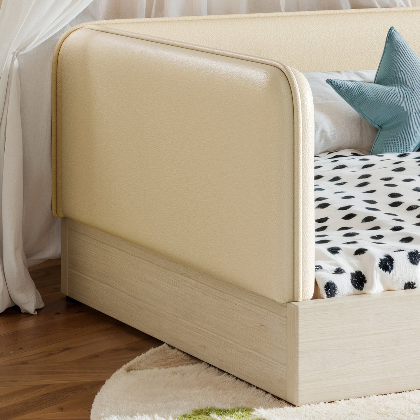 variant-group:rf-w1580p493129|Roomfitters Twin Size Upholstered Floor Bed Frame with Removable Guardrails, Faux Leather Low Profile Platform, Beige