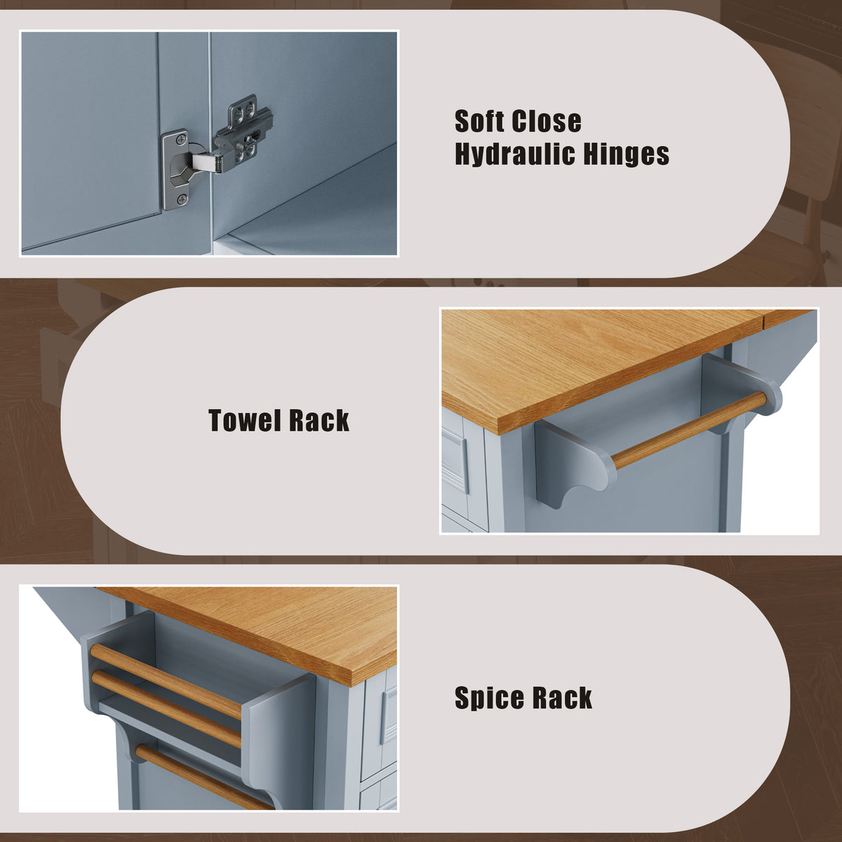 variant-group:rf-n707p195393g|Roomfitters 52" Kitchen Island with Drop Leaf, Rolling Kitchen Cart with Storage Cabinet, Spice Rack, Towel Rack, Adjustable Shelf, Blue Grey