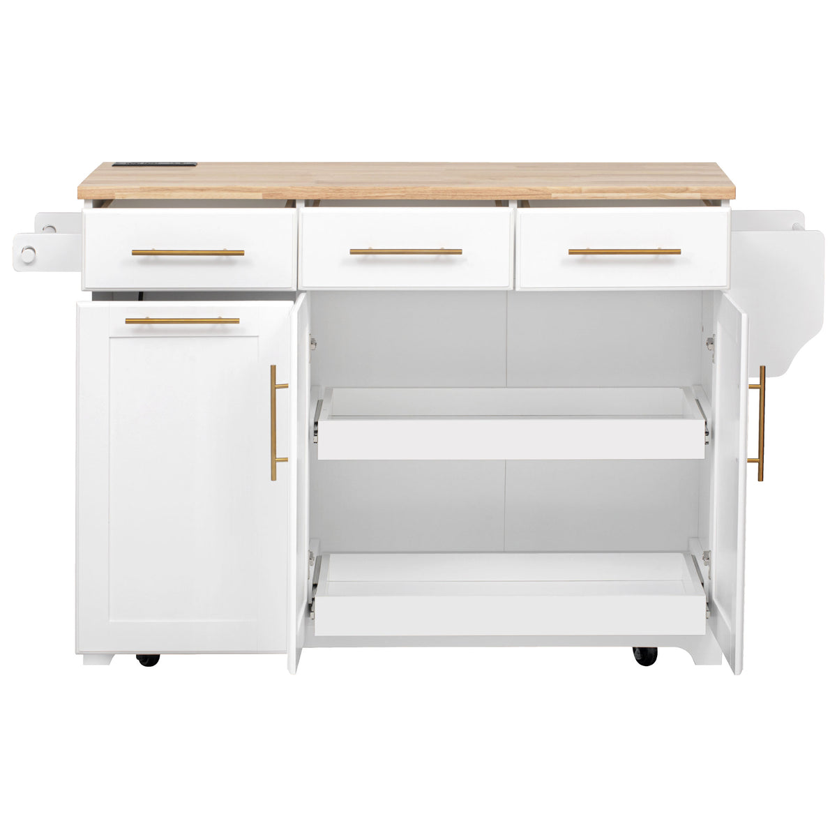 variant-group:rf-n707s299014w|Roomfitters 59.3" Kitchen Island with Power Outlet, Drop Leaf and Double Trash Can Pull Out, Rolling Cart, White