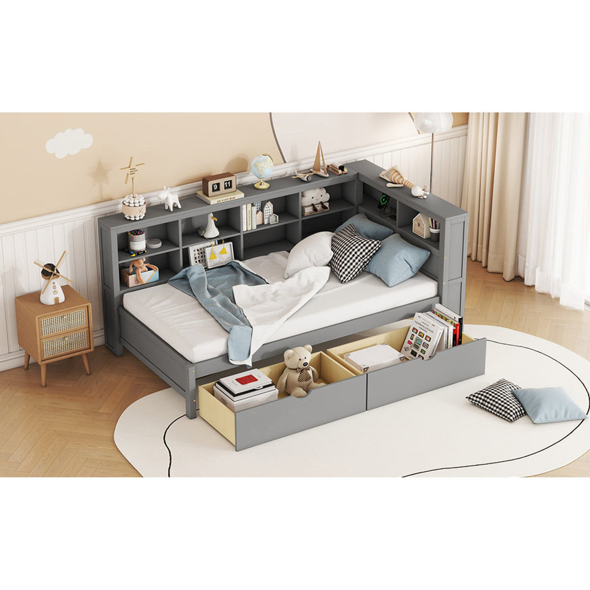 variant-group:rf-n733s347768e|Roomfitters Wooden Twin Daybed with Underbed Storage, Built-In Shelf & USB Charging Ports, Gray