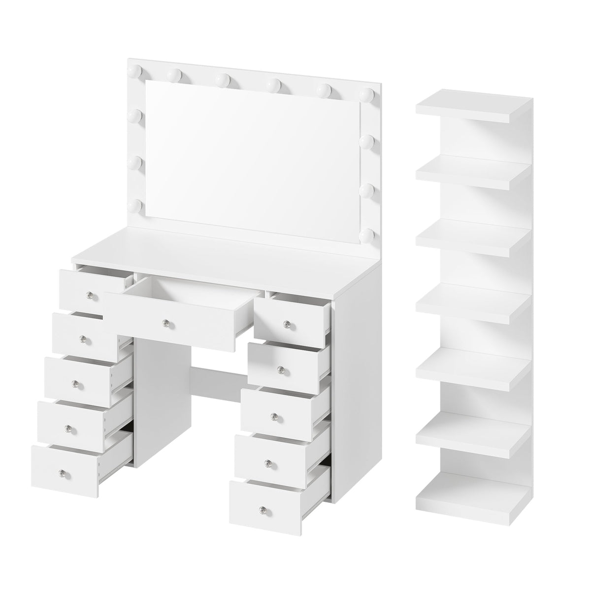 Roomfitters White Makeup Vanity Desk with 11 Hollywood LED Bulbs 7-Tier Side Storage Display Shelves and 11 Drawers Roomfitters