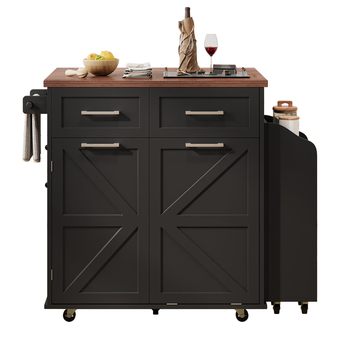 variant-group:rf-n707p307296b|Roomfitters 47.2" Farmhouse Kitchen Island with Drop Leaf, Tilt Trash Can Cabinet, Removable Mobile Side Racks, Black