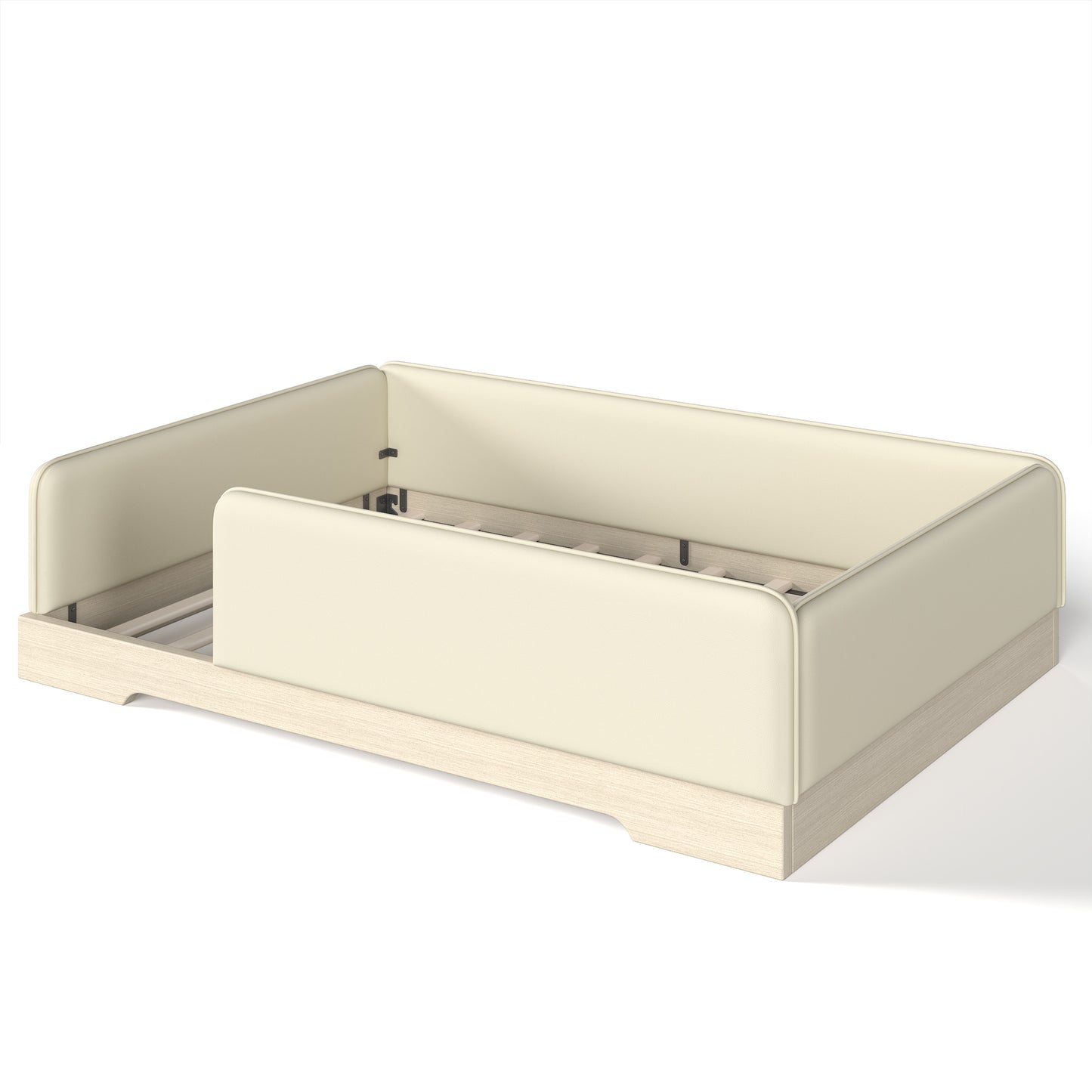 variant-group:rf-w1580s00671|Roomfitters Full Size Upholstered Floor Bed Frame with Removable Guardrails, Faux Leather Low Profile Platform, Beige