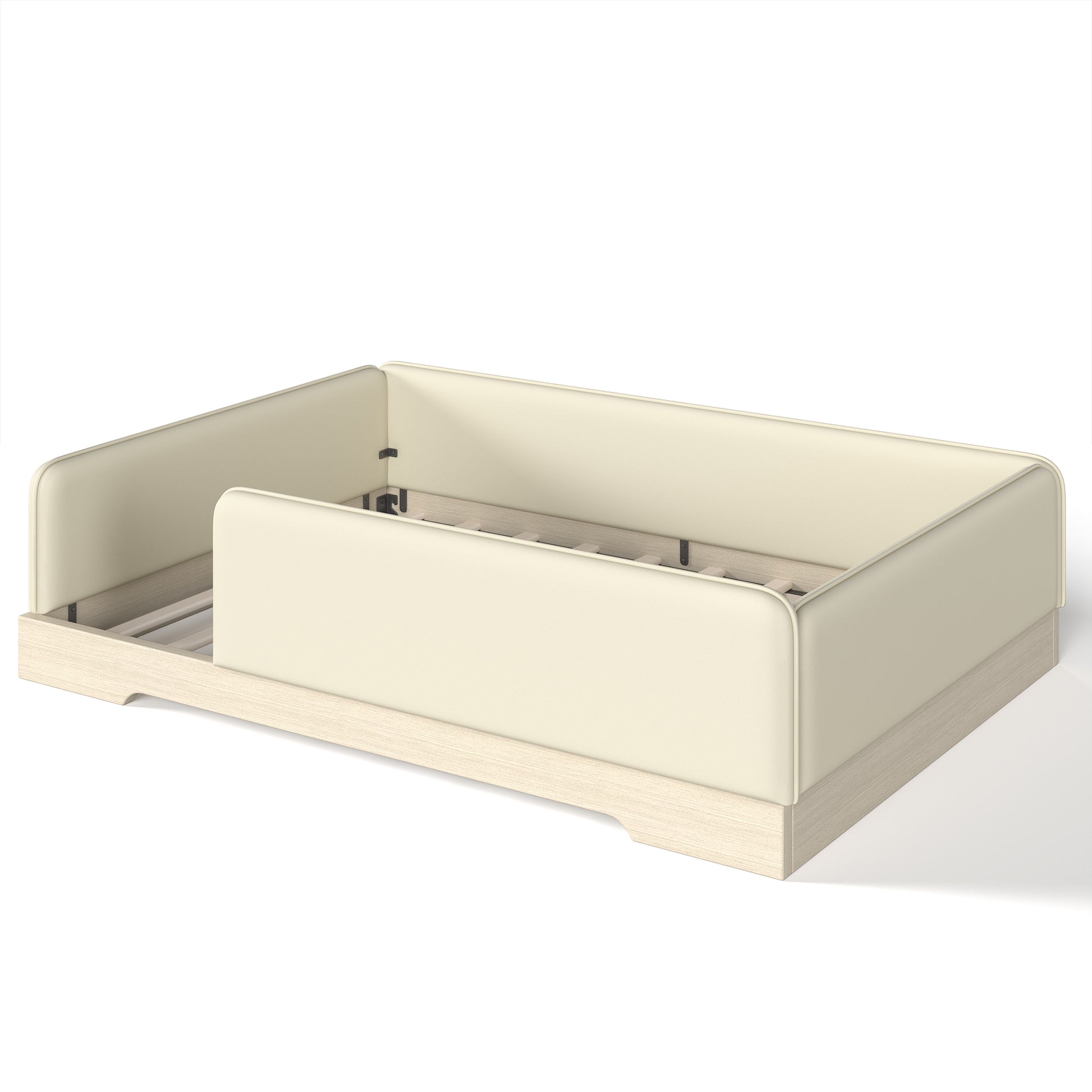 variant-group:rf-w1580s00671|Roomfitters Full Size Upholstered Floor Bed Frame with Removable Guardrails, Faux Leather Low Profile Platform, Beige