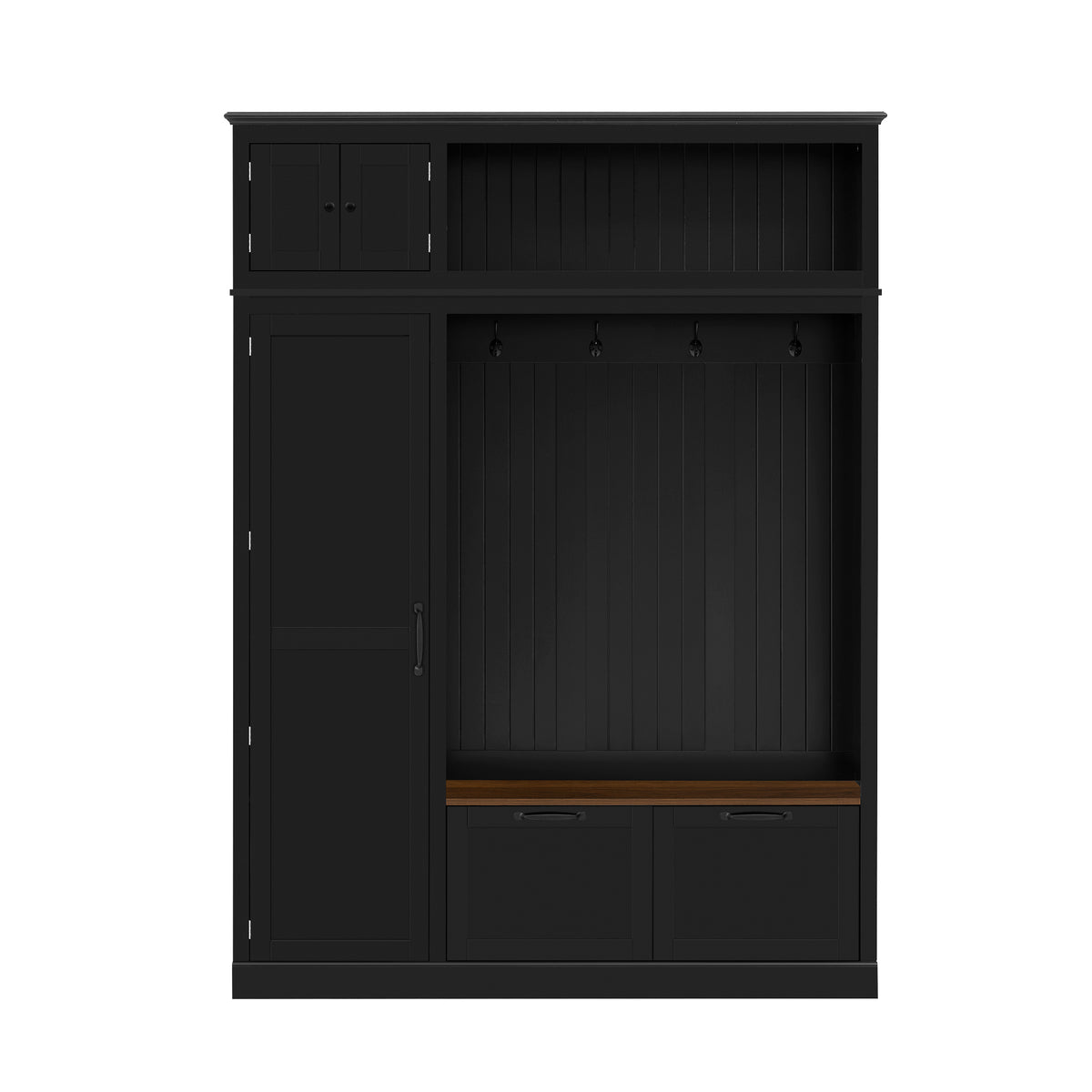 variant-group:rf-n724sj000160aab|Roomfitters 3-in-1 Entryway Hall Tree with Overhead Storage Cabinet, 2 Drawers, Black
