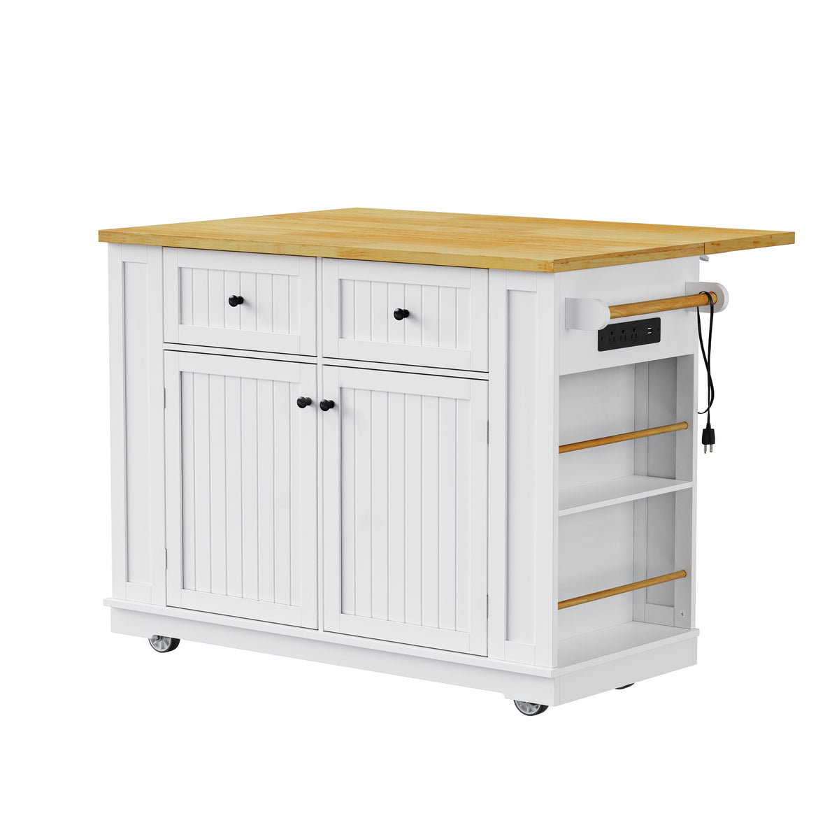 Roomfitters 48" Kitchen Island with 2 Bar Stools, Drop Leaf, Power Outlet, Rolling Cart with Side Shelves, White