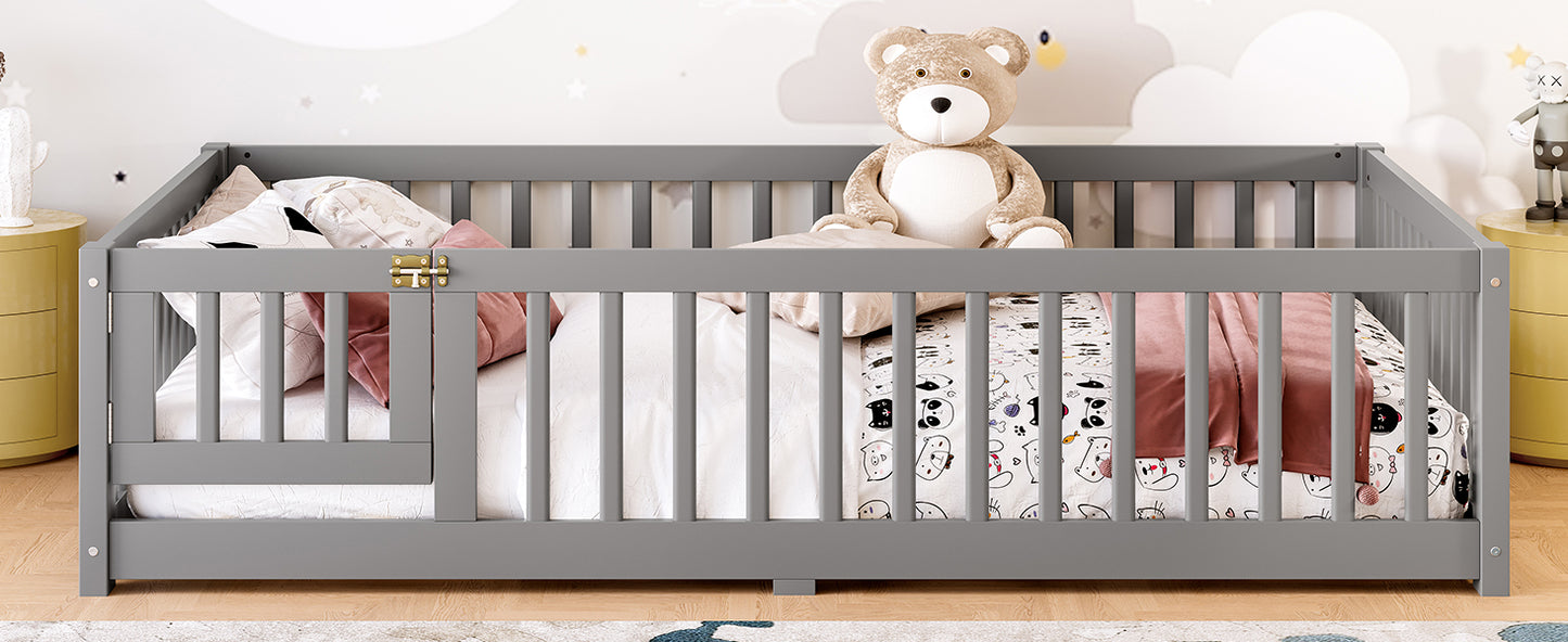 variant-group:rf-w1580p338951|Roomfitters Wooden Full Floor Bed Frame with Door & Safety Guardrails, Low Platform Design for Bedroom or Playroom, Gray