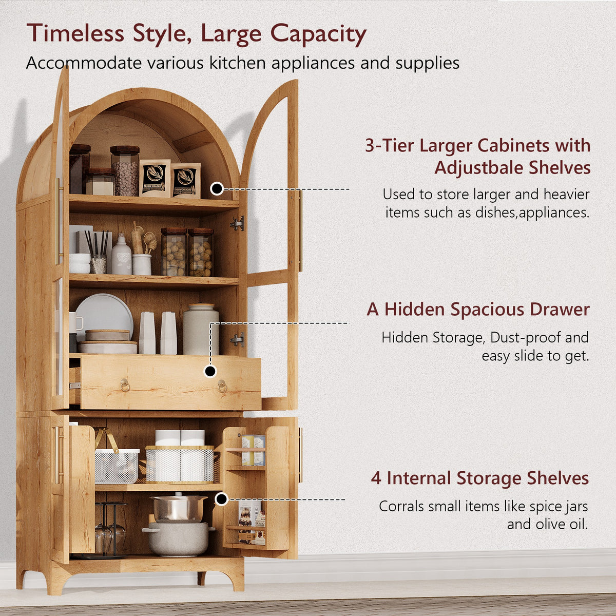 variant-group:rf-n707s288969y|Roomfitters 71" Pantry Cabinet with Arched Top & Glass Doors, 4-Door Storage Hutch with Adjustable Shelves for Kitchen, Natural