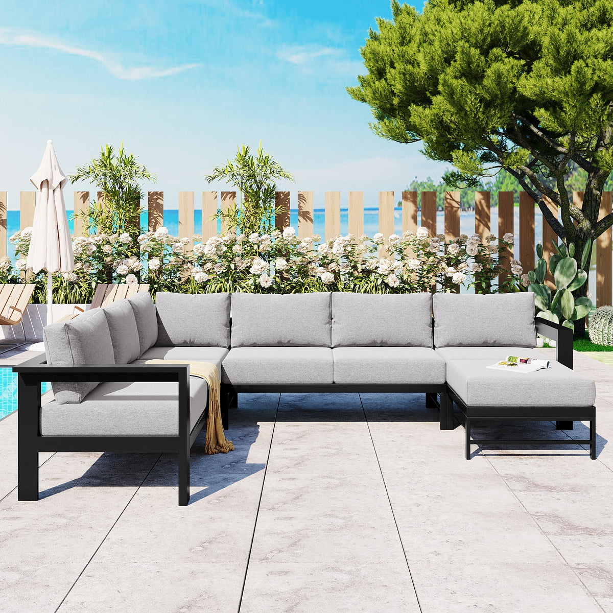 Roomfitters Modern U-Shaped Outdoor Sectional Sofa Set, 5-6 Seat Patio Conversation, Grey Cushions, Iron Frame Pit Roomfitters