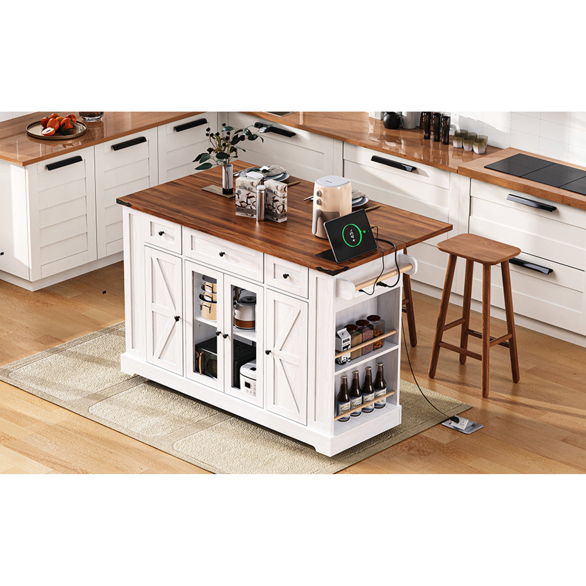 variant-group:rf-n707p263637w|Roomfitters 53" Rolling Kitchen Island with Drop Leaf, Mobile Cart with Glass Doors, 5 Side Shelves & Power Outlets, White