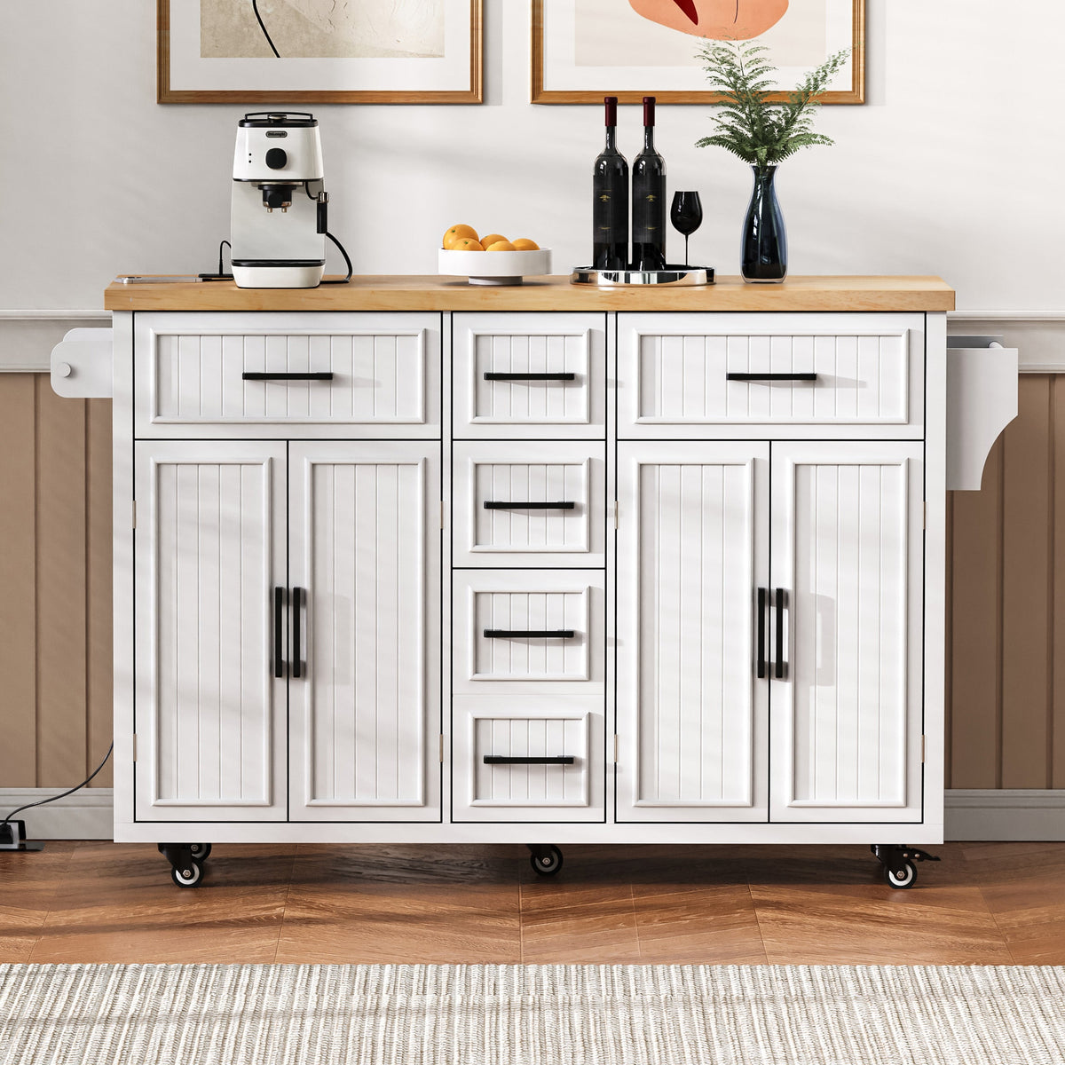 Roomfitters 56.5" Kitchen Island with Drop Leaf, Rolling Kitchen Cart with 5 Storage Drawers, Spice Rack & Towel Holder, White
