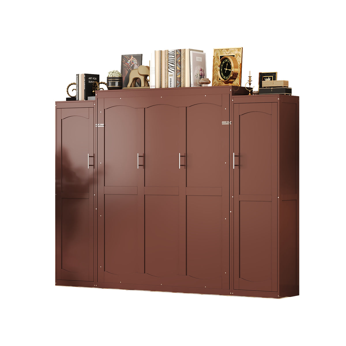 variant-group:rf-n733s235596d|Roomfitters Full Murphy Wall Bed with Two Wardrobes and Storage Shelf, Foldable Platform Bed Frame for Guest Room, Walnut