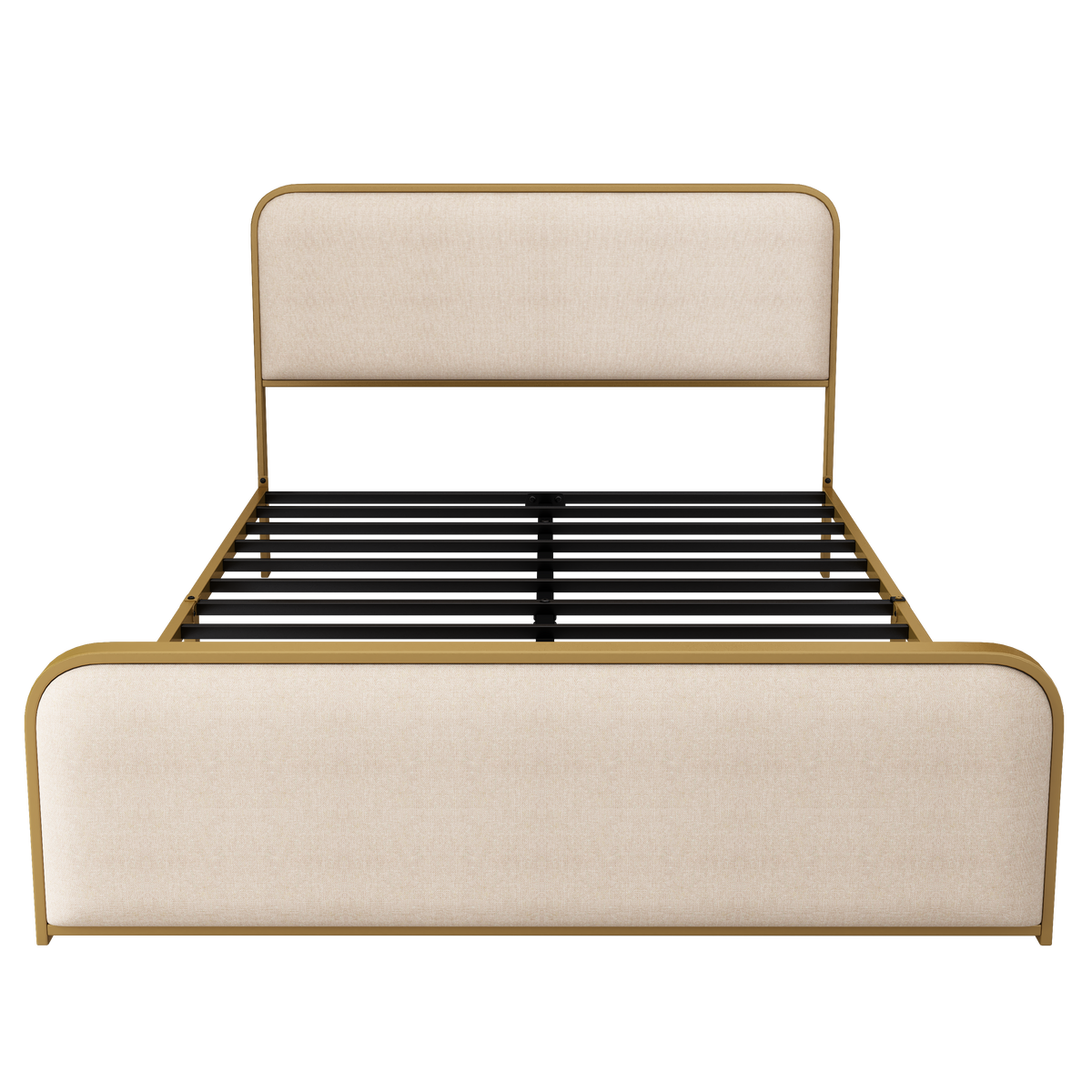 Roomfitters Queen Size Modern Upholstered Platform Bed Frame with Gold Metal Trim, Curved Headboard, No Box Spring, Beige+Gold Roomfitters