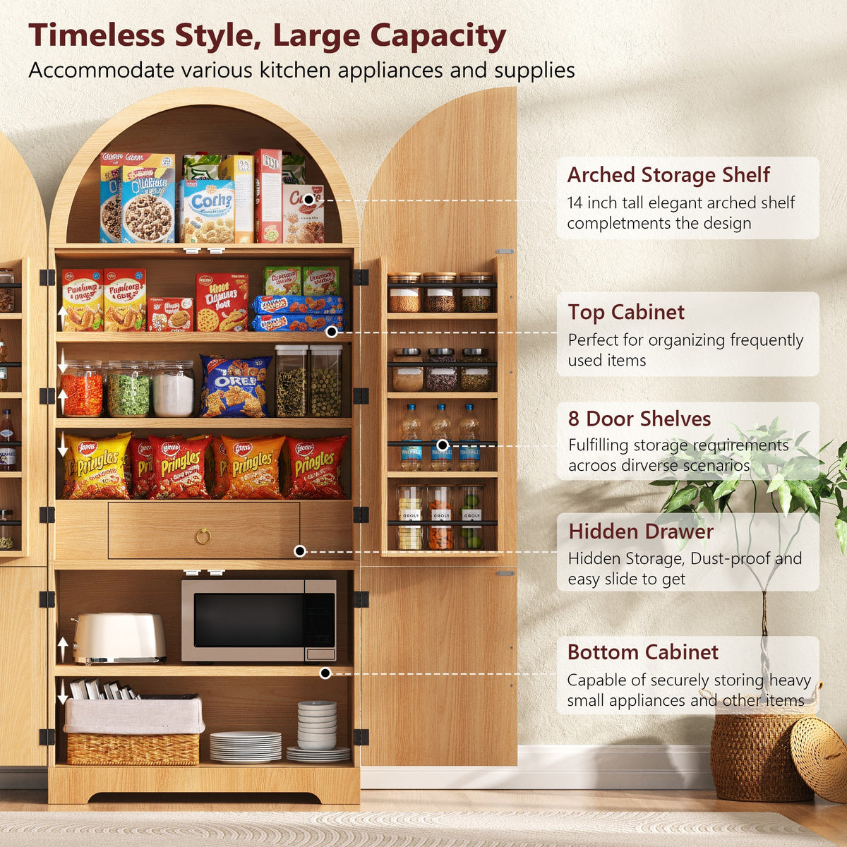 variant-group:rf-n707s000020y|Roomfitters 72" Tall Arched Kitchen Pantry Cabinet with Fluted Doors & Hidden Drawer, Natural