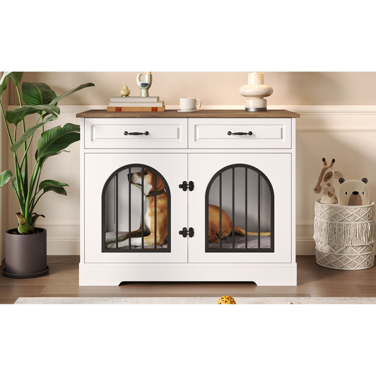 Roomfitters 43-Inch Heavy Duty Indoor Dog Crate Furniture End Table with Escape Proof Arched Doors White Brown Roomfitters