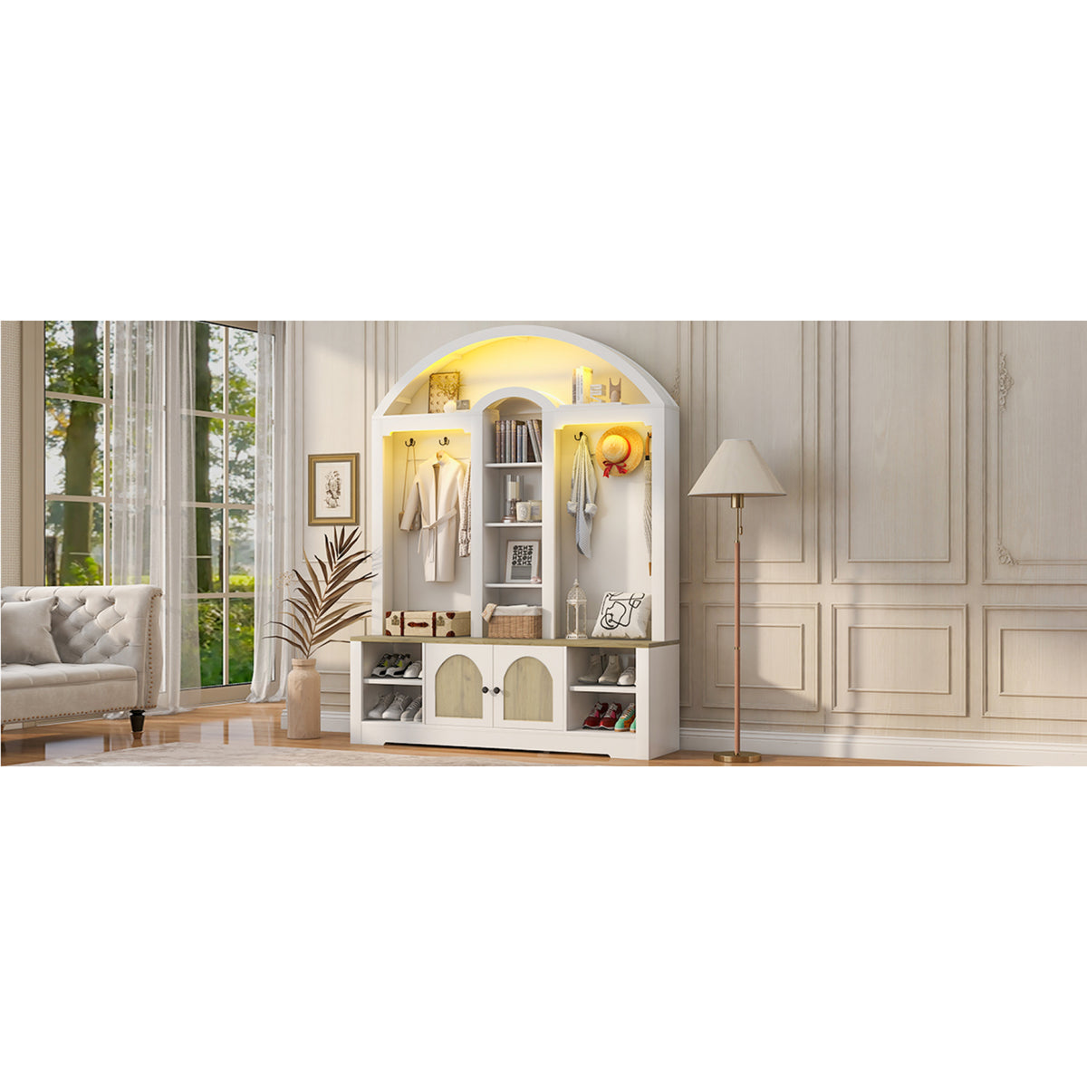 variant-group:rf-n724sj000158aak|Roomfitters Multi-Functional Curved Entrance Wardrobe, Hall Tree, White & Walnut