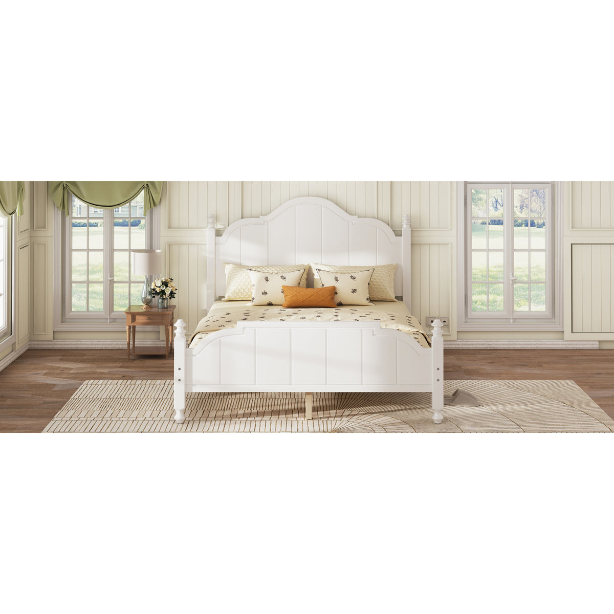 variant-group:rf-n733p360940k|Roomfitters Queen Wood Platform Bed Frame with Curved Headboard, Vintage Style Slat Support, No Box Spring Required, White
