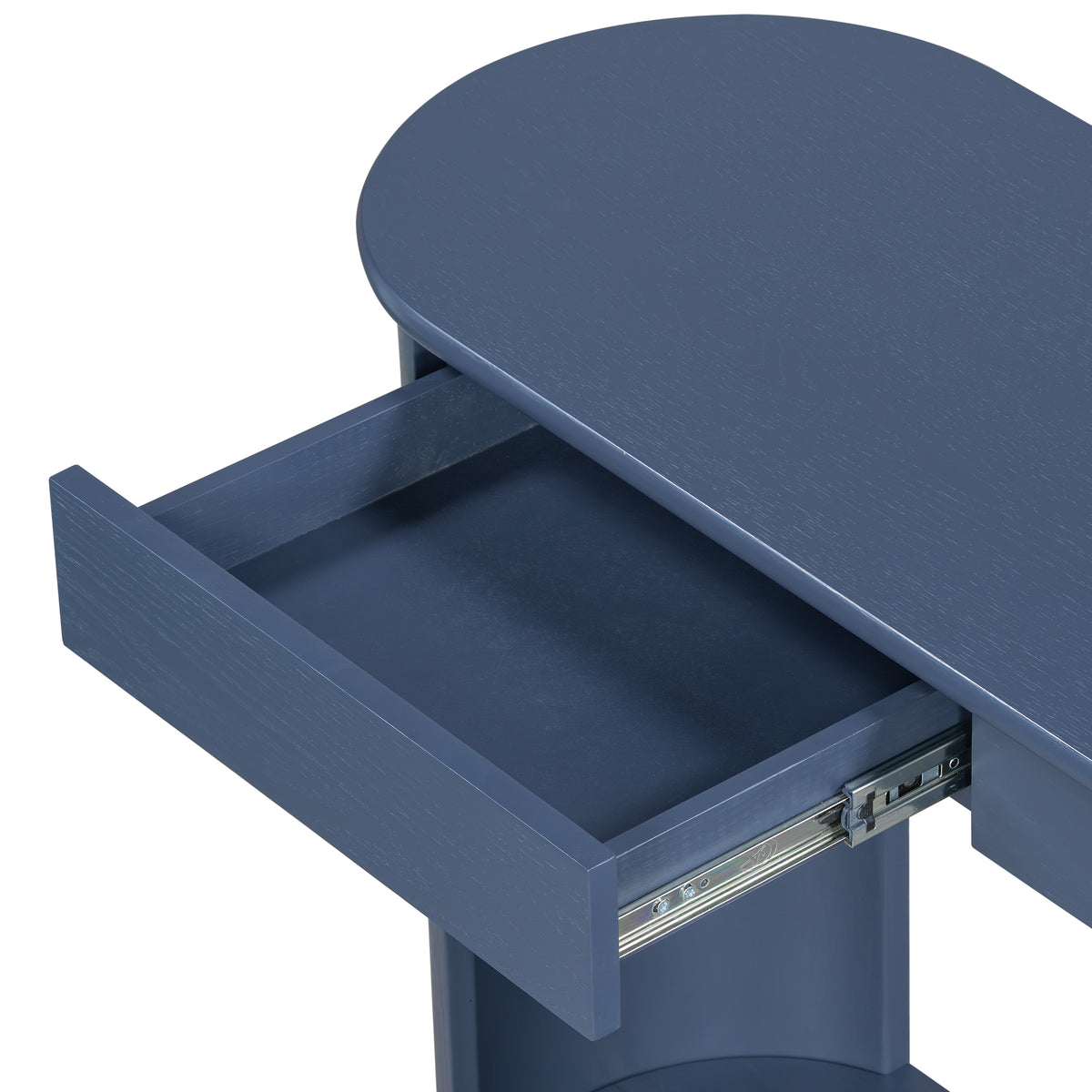 variant-group:rf-n711p395523c|Roomfitters Modern Farmhouse Navy Blue Oak Veneer Semi-Circular Console Table with 3 Drawers and Open Bottom Storage Shelf