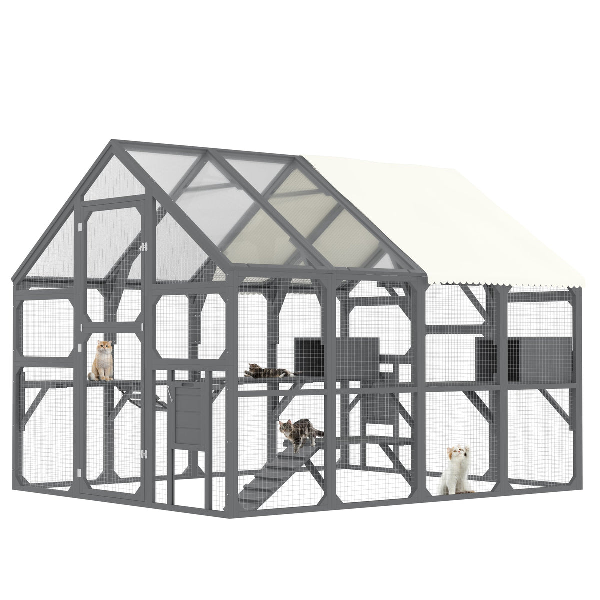 Roomfitters Large Catio Outdoor Cat Enclosure Wooden Cat House with 7 Platforms 2 Resting Boxes and Bridge Gray Roomfitters