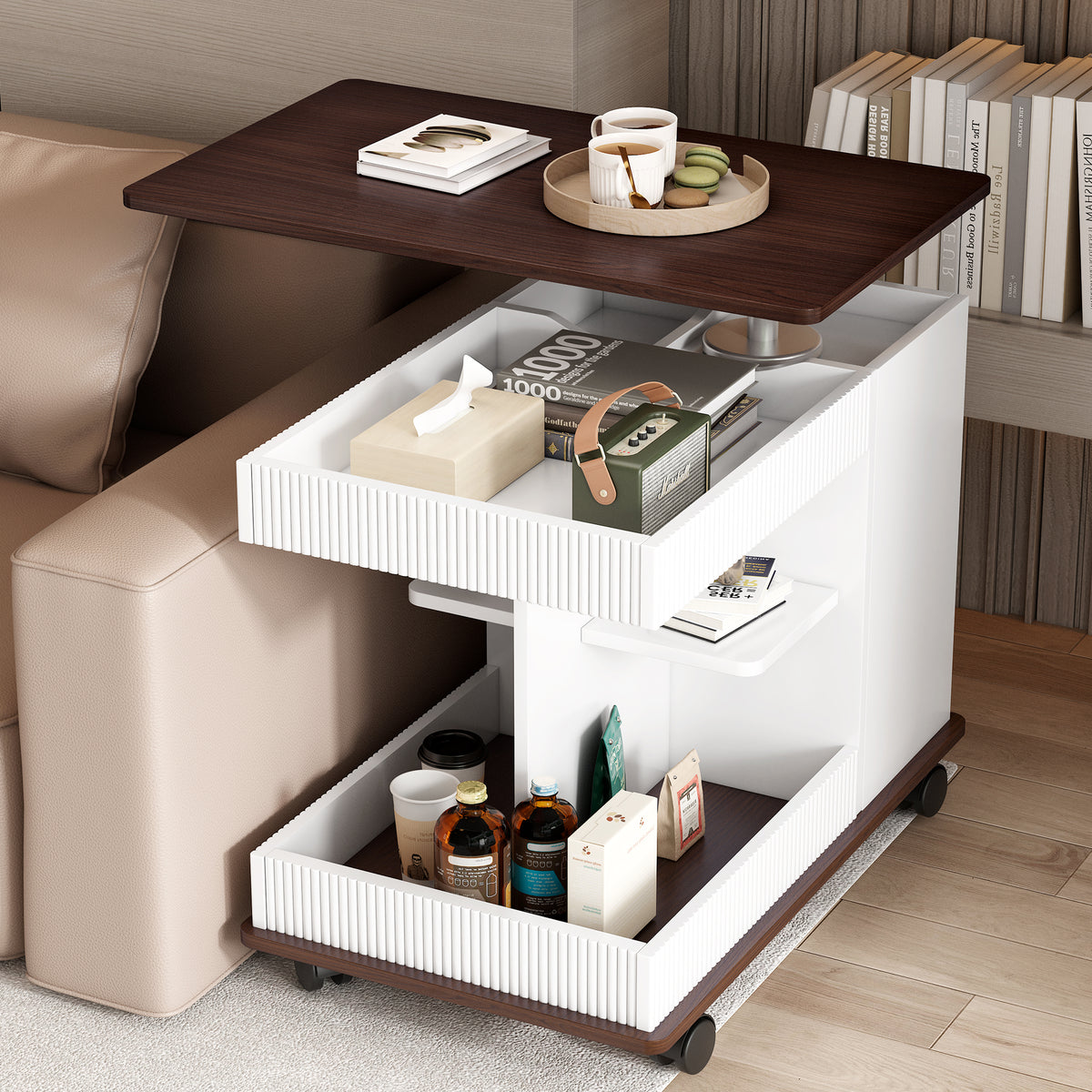 variant-group:rf-n724p292505k|Roomfitters Adjustable Sofa Side Table with Lift-Top, Rotating Surface and Storage on Wheels for Small Spaces, Brown
