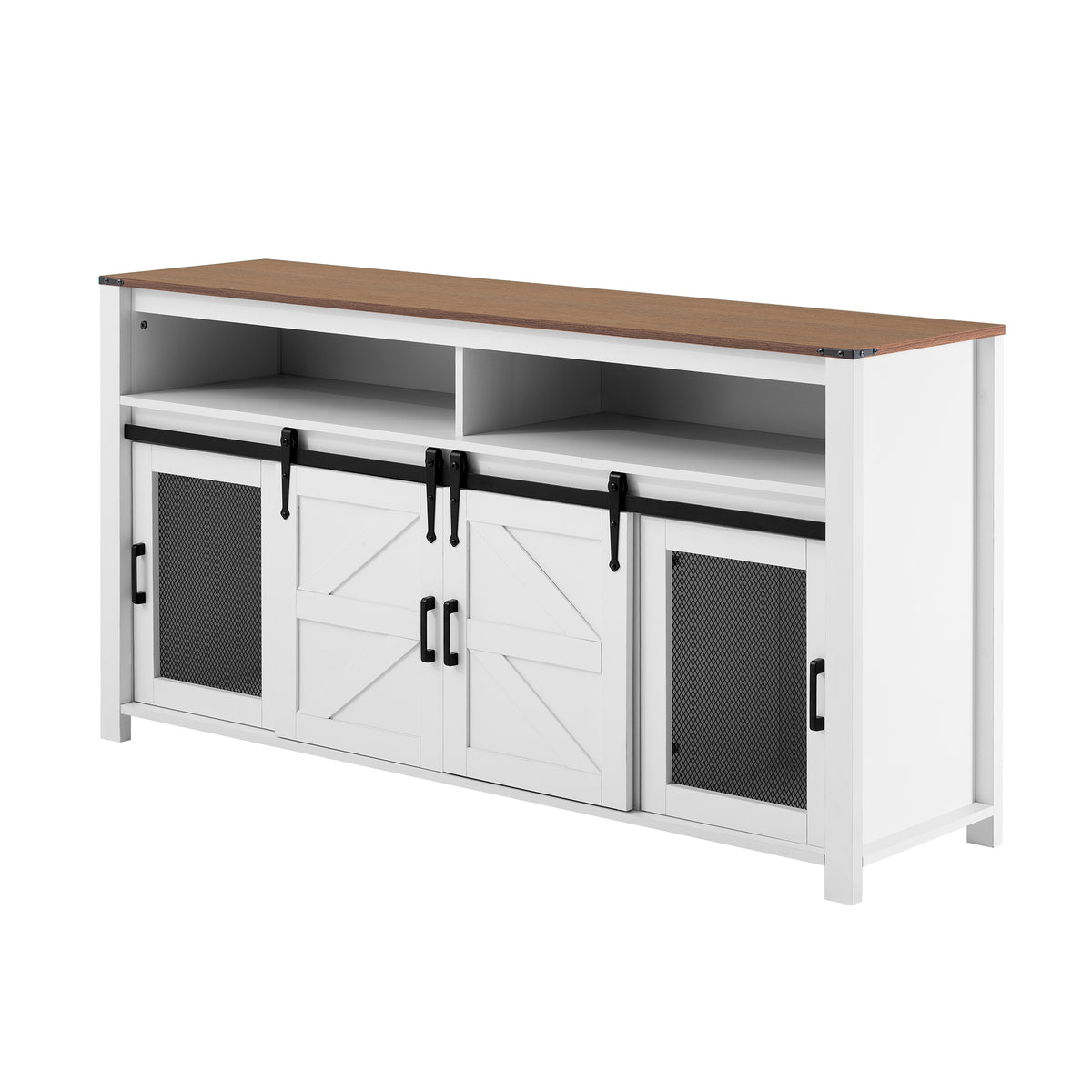 variant-group:rf-n711p347388k|Roomfitters 59.3" Sideboard Buffet Cabinet with Sliding Barn Doors, Modern Farmhouse Storage for Kitchen & Dining, Brown+White