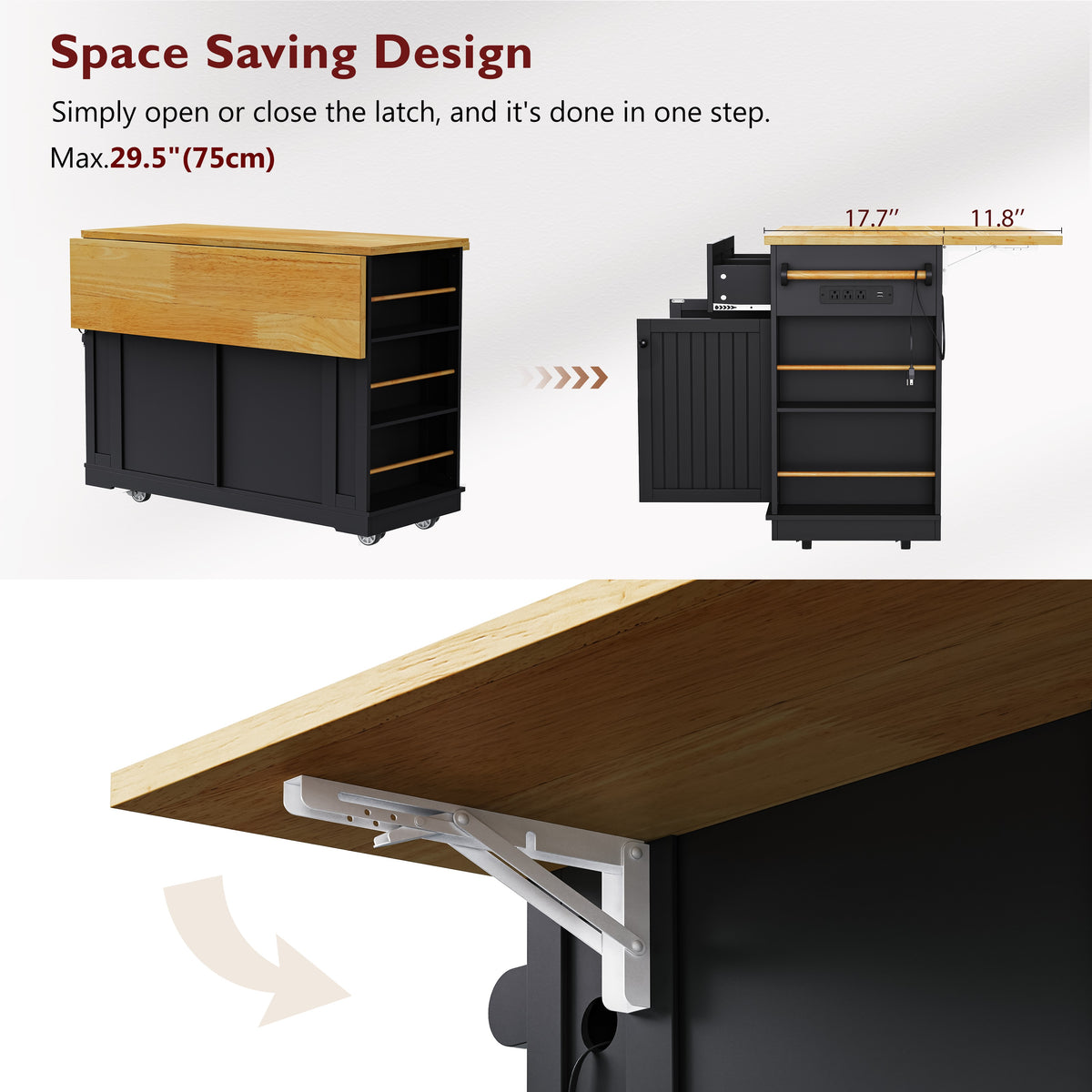 variant-group:rf-n707s257057b|Roomfitters 48" Kitchen Island with Power Outlet and Drop Leaf, Rolling Storage Cabinet with Wood Top and Spice Rack, Black