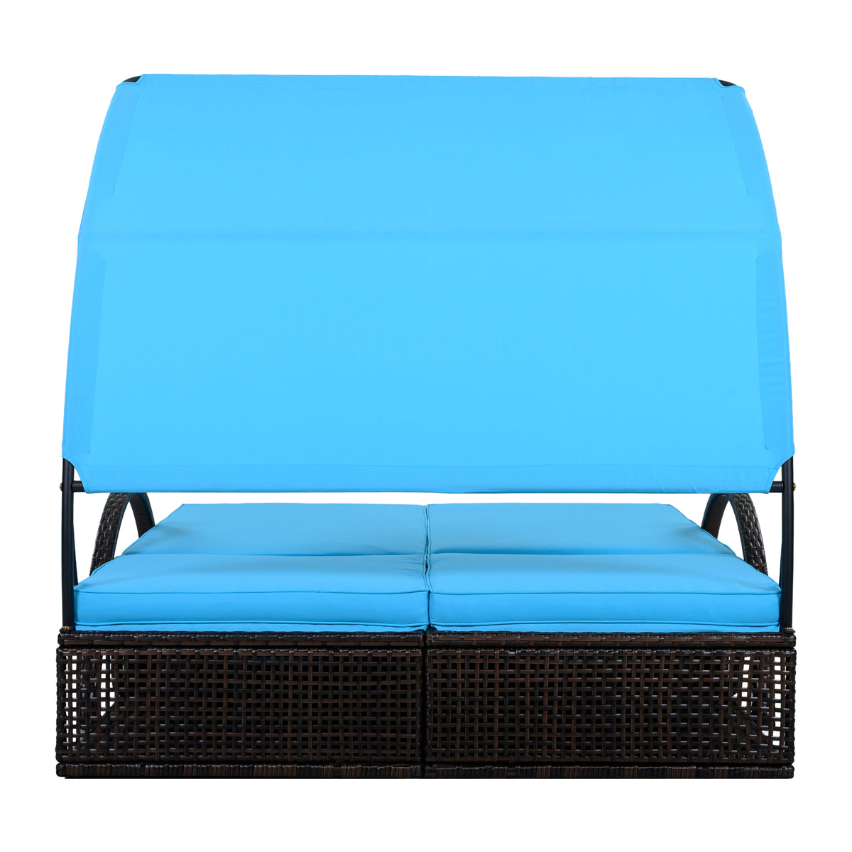 variant-group:rf-n711wy000485aac|Roomfitters Blue HDPE Wicker Outdoor Double Sunbed, Steel Frame Patio Chaise, Hidden Side Tables, Canopy Shade