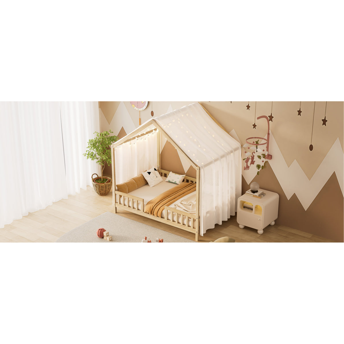 variant-group:rf-n733p356048m|Roomfitters Full Montessori Floor Bed with Canopy, House Shape Wood Frame with Safety Rails, Platform Bed, Natural