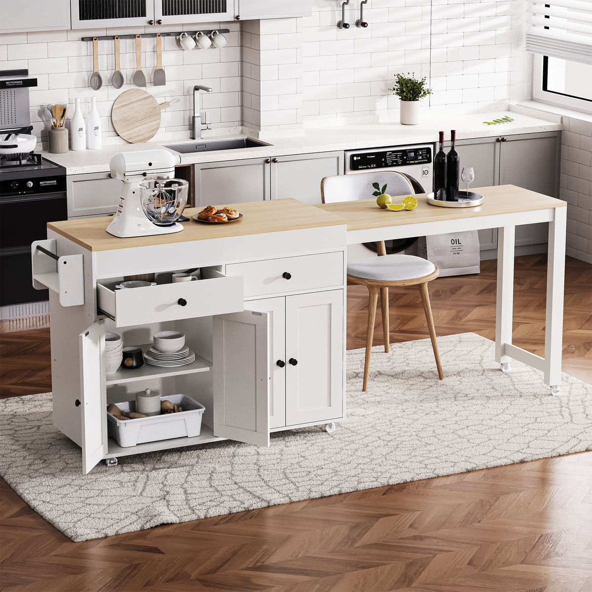 variant-group:rf-n707s000009w|Roomfitters 74.5" Kitchen Island with Extendable Table, Rolling Cart with Spice Rack, Storage Cabinet, White